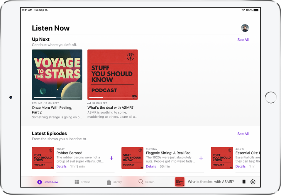 The Listen Now screen showing what’s coming up next and latest episodes from the shows you subscribe to.