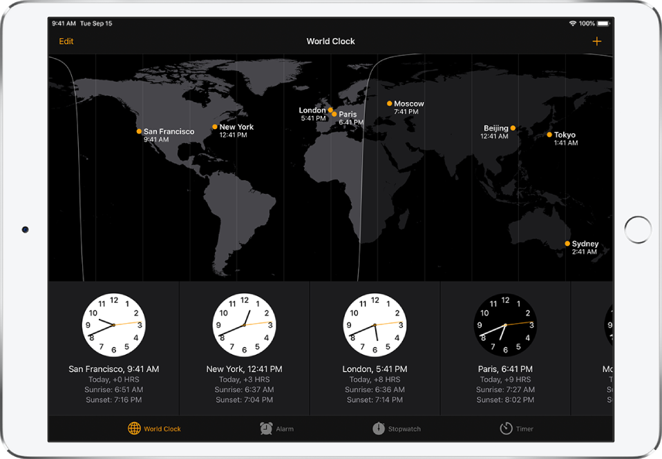 The World Clock tab, showing the time in various cities. Tap Edit at the top left to manage your list of cities. Tap the Add button at the top right to add more. The World Clock, Alarm, Stopwatch, and Timer buttons are along the bottom.