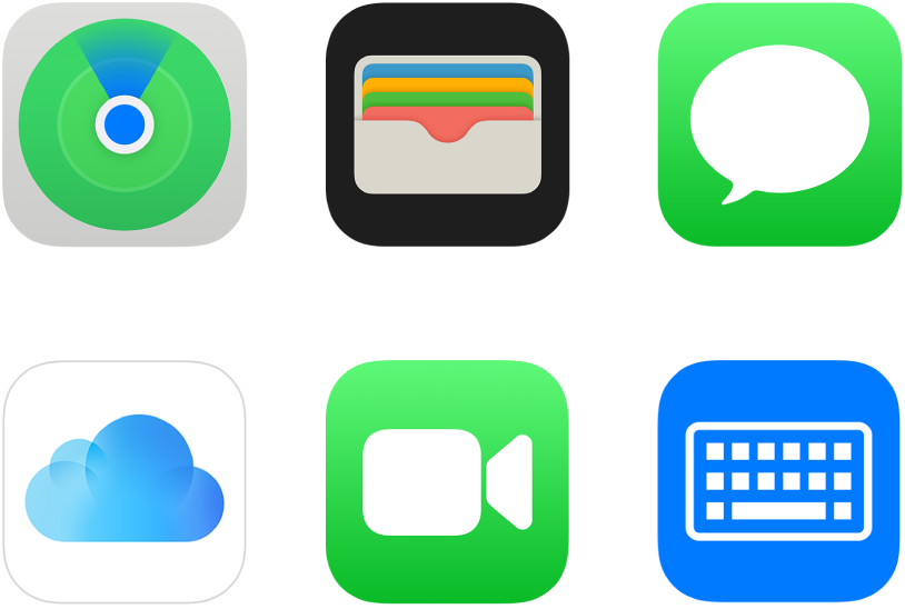 Symbols for six of the services that Apple offers: Find My, Wallet, iMessage, iCloud, FaceTime, and Keyboard.