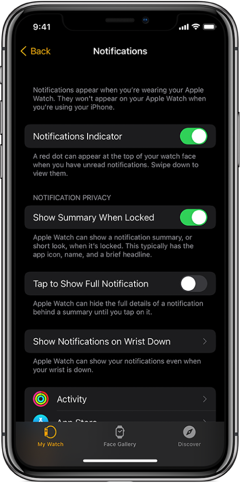 The Notifications screen in the Apple Watch app on iPhone, showing sources of notifications.
