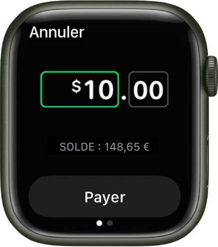 Un écran de Messages montrant la préparation d’un paiement à l’aide d’Apple Cash. Un montant en dollars se trouve en haut. Le solde actuel est en dessous, et le bouton Payer se trouve en bas.