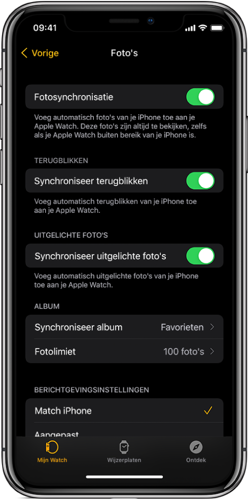 Instellingen voor Foto's in de Apple Watch-app op de iPhone, met in het midden de instelling 'Fotosynchronisatie' en daaronder de instelling 'Fotolimiet'.