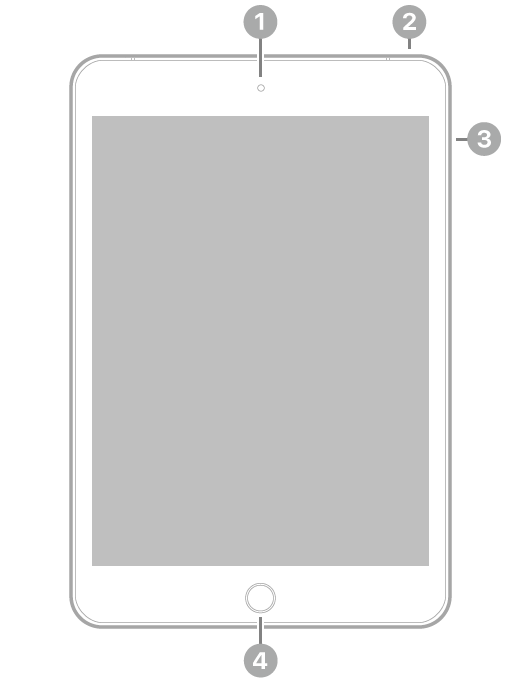 Visão frontal do iPad mini com chamadas para a câmera frontal na parte superior central, o botão superior na parte superior direita, os botões de volume à direita e o botão de Início/Touch ID na parte inferior central.