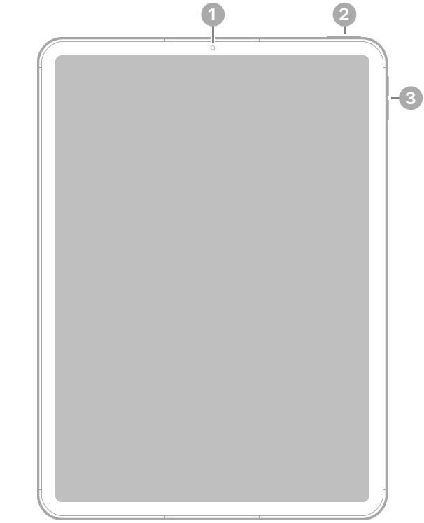 Передняя сторона iPad Air. Выноски указывают на переднюю камеру вверху по центру, верхнюю кнопку и Touch ID вверху справа и кнопки громкости справа.