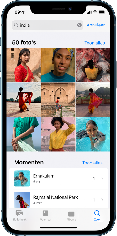 Het zoekscherm waarop fotosuggesties te zien zijn wanneer het woord "India" in het zoekveld bovenin wordt ingevoerd.