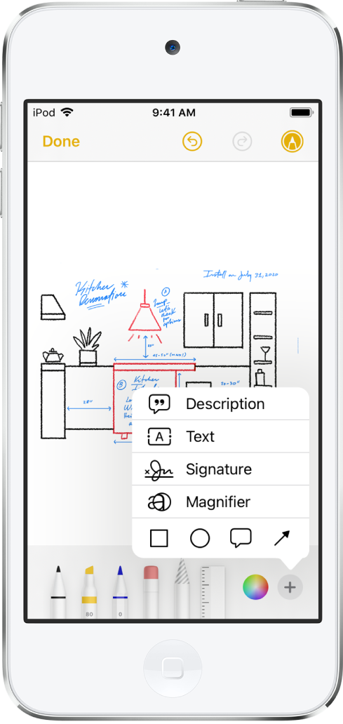 A drawing of a kitchen remodel is shown with the Markup tools at the bottom of the screen. A menu with choices for adding a description, text, a signature, a magnifier, and shapes appears in the lower-right corner.