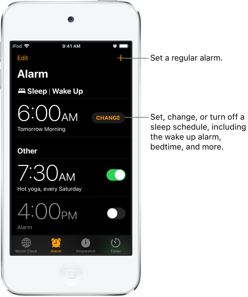 The Alarm tab, showing three alarms set for various times, the button for setting a regular alarm at the top right, and the Wake Up alarm with a button for changing the sleep schedule in the Health app.