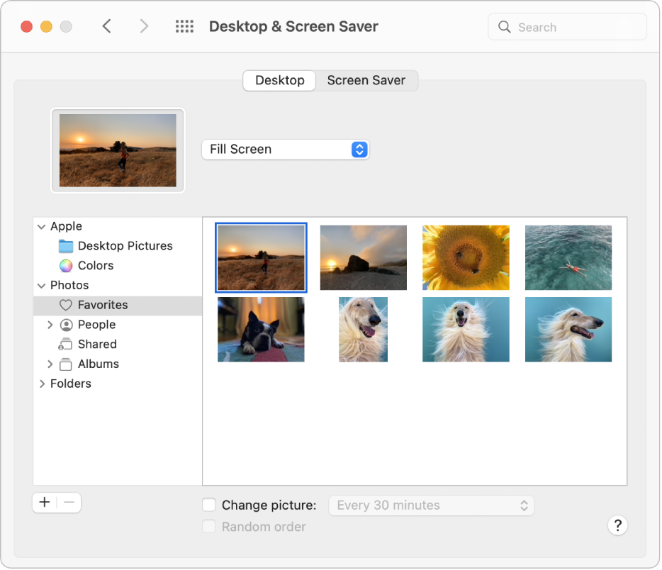 The Desktop pane of Desktop & Screen Saver preferences. On the left of the pane, the Photos Favorites folder is selected; on the right, a photo is selected as the desktop picture