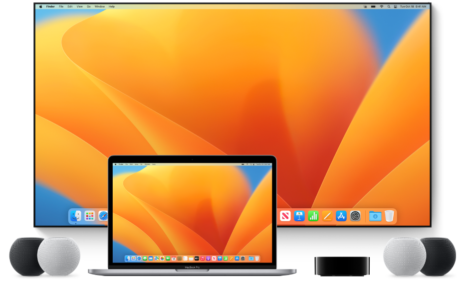 Un ordinateur Mac et des appareils sur lesquels il peut diffuser du contenu avec AirPlay : une Apple TV, deux haut-parleurs HomePod mini et une télévision intelligente, par exemple.