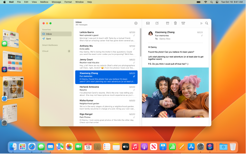 Desktop menampilkan Pengelola Sorotan dengan empat app di daftar app yang baru saja digunakan di sisi kiri layar dan satu jendela app di tengah layar.