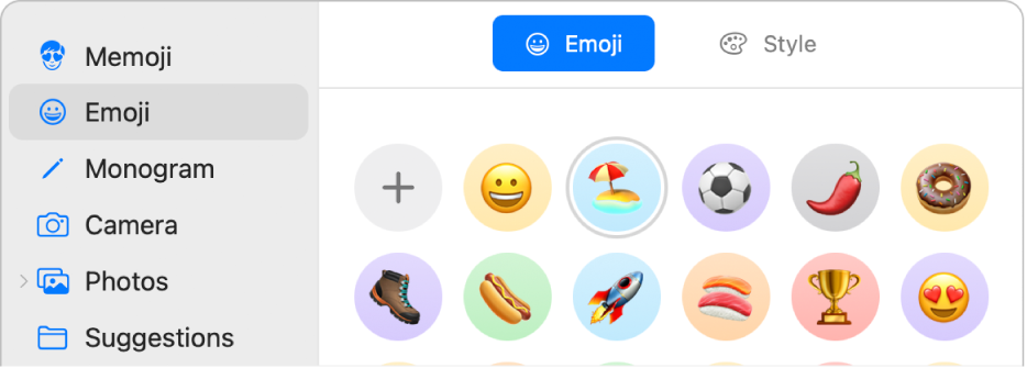 Het dialoogvenster met de Apple ID-afbeelding, met een geselecteerde emoji in de navigatiekolom en verschillende emoji's aan de rechterkant.