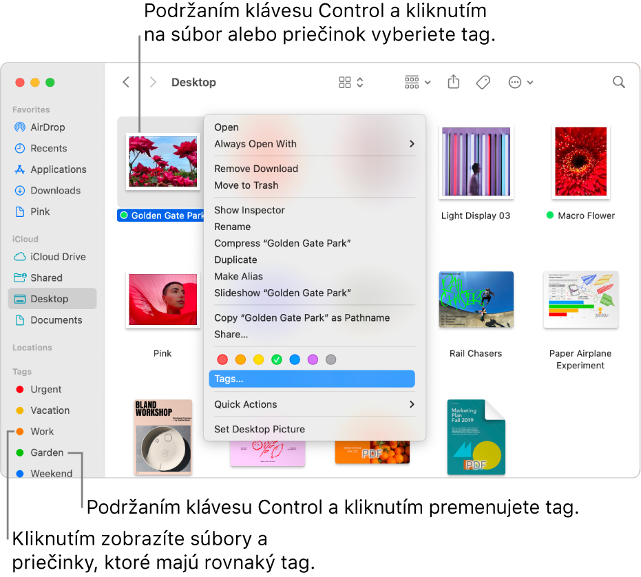 Okno Findera obsahujúce súbory a priečinky so značkami, s jedným vybratým súborom. V menu skratiek sú k dispozícii farebné možnosti pre značky a je zvýraznená položka Značky.