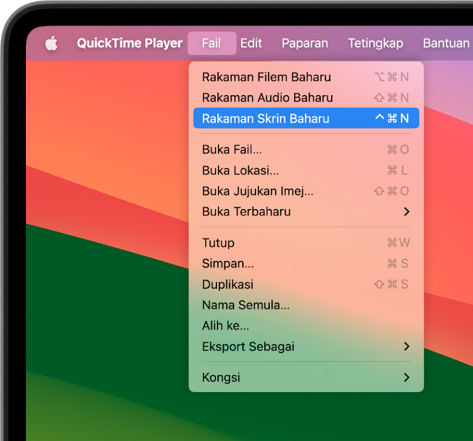 Dalam app QuickTime Player, menu Fail terbuka dan perintah Rakaman Skrin Baru dipilih untuk mula merakam skrin.