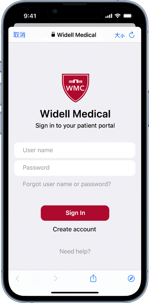 iPhone 上的一個醫療機構病人登入畫面。