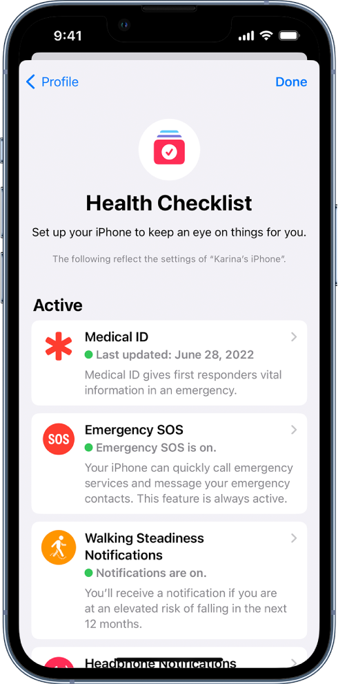 The Health Checklist screen showing that Medical ID and Walking Steadiness Notifications are active.