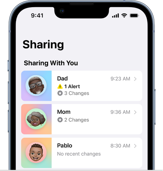 The Sharing screen showing three people sharing with you.
