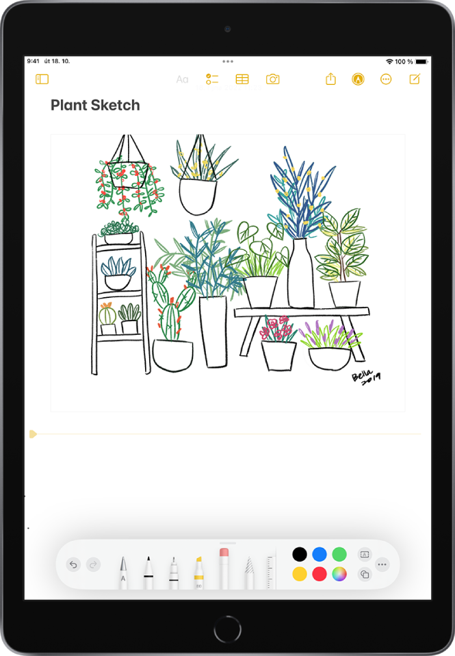Ručně nakreslené schéma rostliny v aplikaci Poznámky. Podél dolního okraje se zobrazuje panel nástrojů Anotace s kreslicími nástroji a výběrem barev.