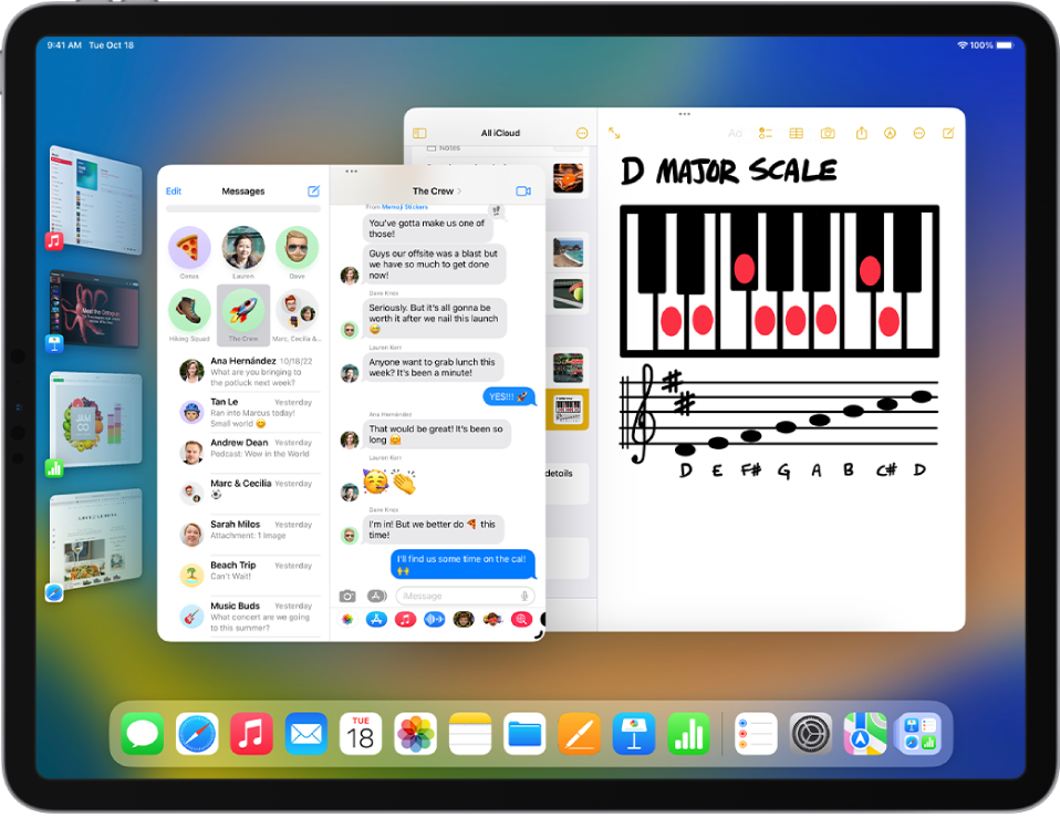 The iPad screen with Stage Manager turned on. Two current windows are grouped together in the center of the screen, and other recent apps are in a list on the left side of the screen. The apps in the Dock appear at the bottom of the screen.