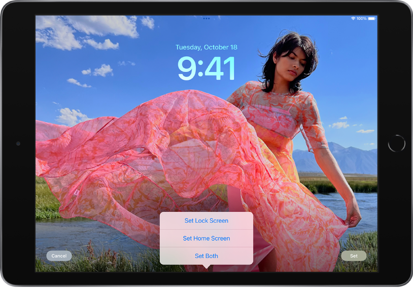 The iPad Lock Screen with a user’s photo filling the screen. At the bottom of the screen are the controls for setting the Lock Screen photo, from left to right: the Cancel button, the menu to Set Lock Screen, Set Home Screen, or Set Both, and the Set button.