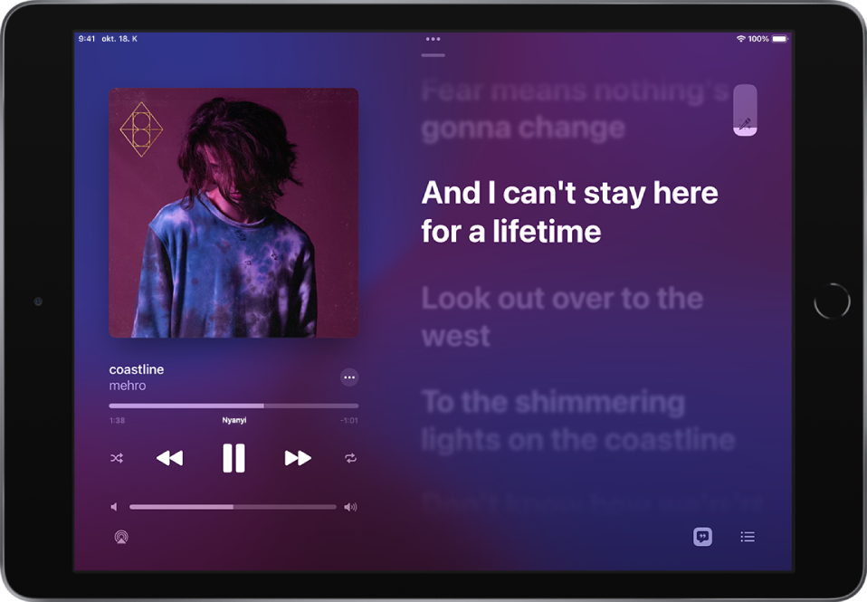 A Lejátszás alatt képernyő, amelynek jobb felső részén az Apple Music Sing csúszkája látható.