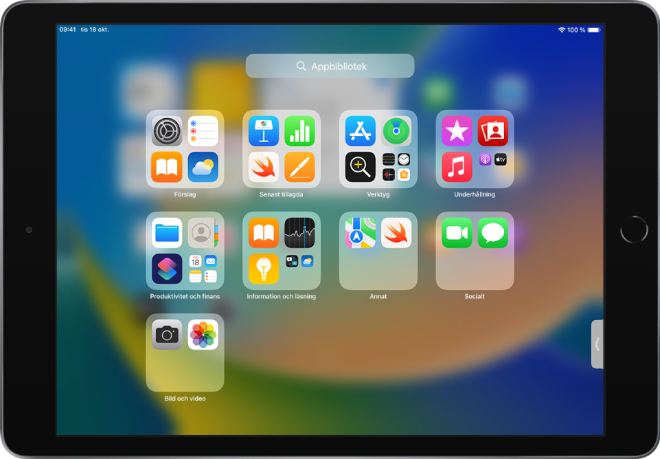 Appbiblioteket på iPad med apparna ordnade efter kategori (Verktyg, Underhållning, Produktivitet och ekonomi med flera).