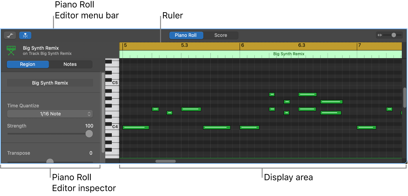 Piano Roll Editor, pointing out MIDI note event.