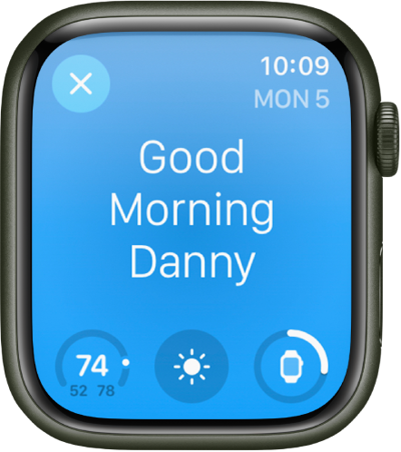 Apple Watch showing the wake-up screen. The words Good Morning appear at the top. The battery level is below.