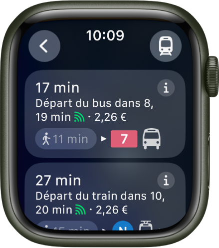 L’app Plans affichant les détails d’un itinéraire en transports en commun. Le bouton Moyen de transport se trouve en haut à droite et le bouton Annuler est en haut à gauche. Les deux premières instructions (un trajet en bus et un autre en train) apparaissent en dessous, avec des détails pour chaque instruction.