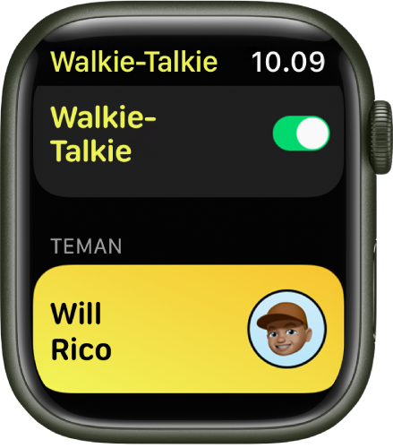 Layar Walkie-Talkie menampilkan pengalih Walkie-Talkie di dekat bagian atas dan teman di bagian bawah.