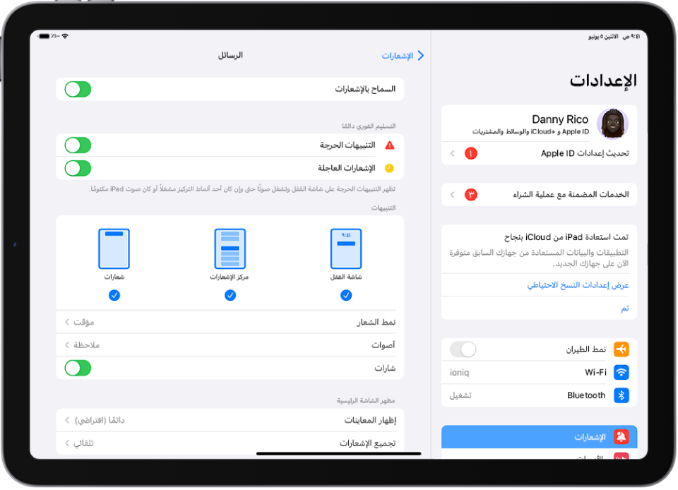 iPad يعرض إعدادات الرسائل للإشعارات والتنبيهات.