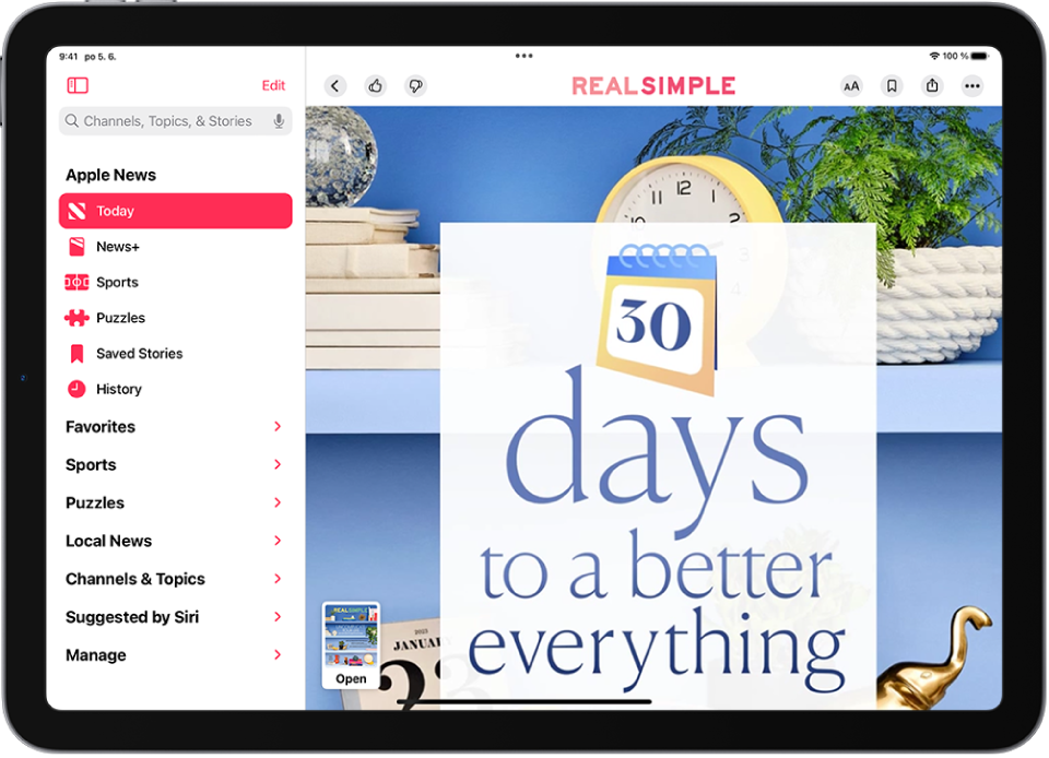 Článek z časopisu v Apple News+ s miniaturním obrázkem časopisu v levém dolním rohu. Vlevo je zobrazený boční panel se zvýrazněnou položkou Today.
