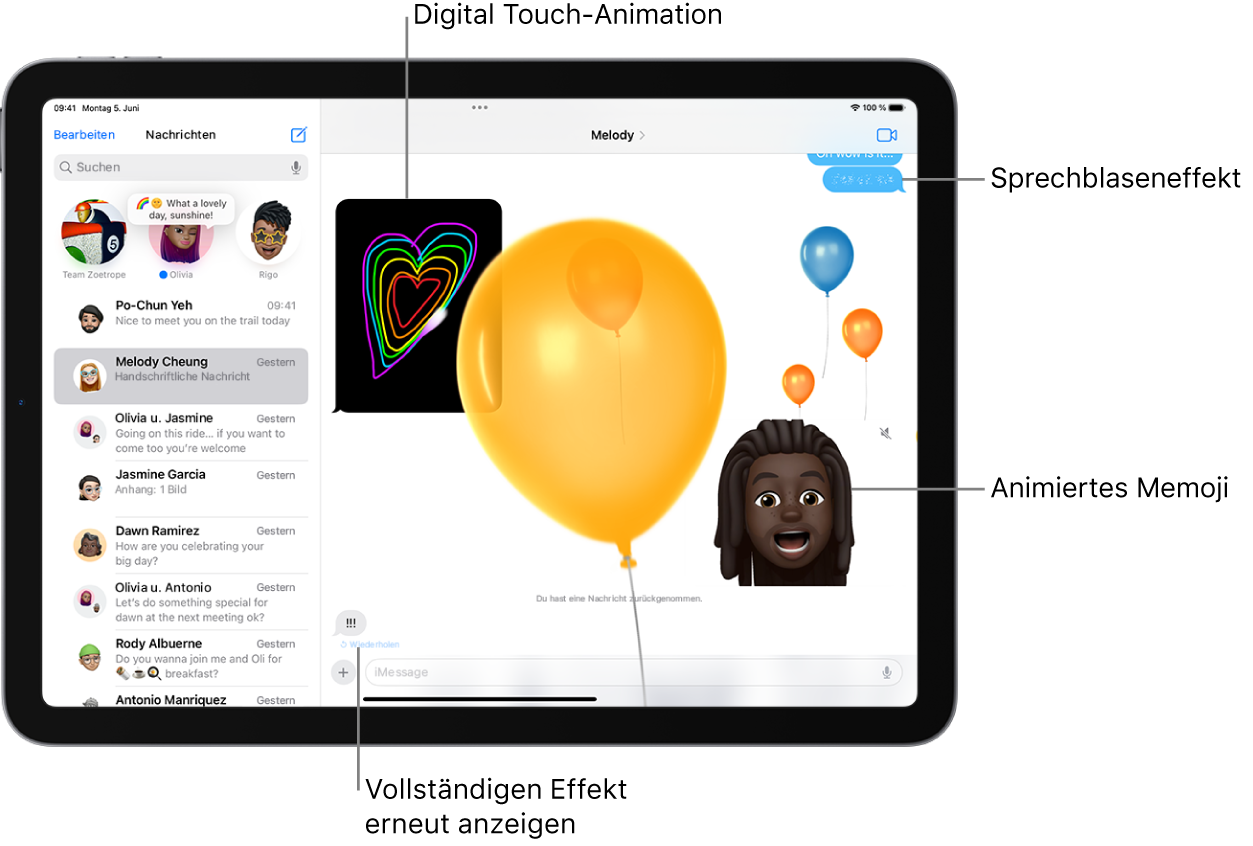 Ein Konversation in der App „Nachrichten“ mit Sprechblasen und Vollbildeffekten sowie Animationen: Digital Touch und eine handschriftliche Nachricht.