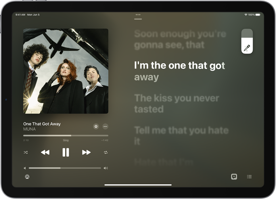 The Now Playing screen showing lyrics with the Apple Music Sing slider at the top right.