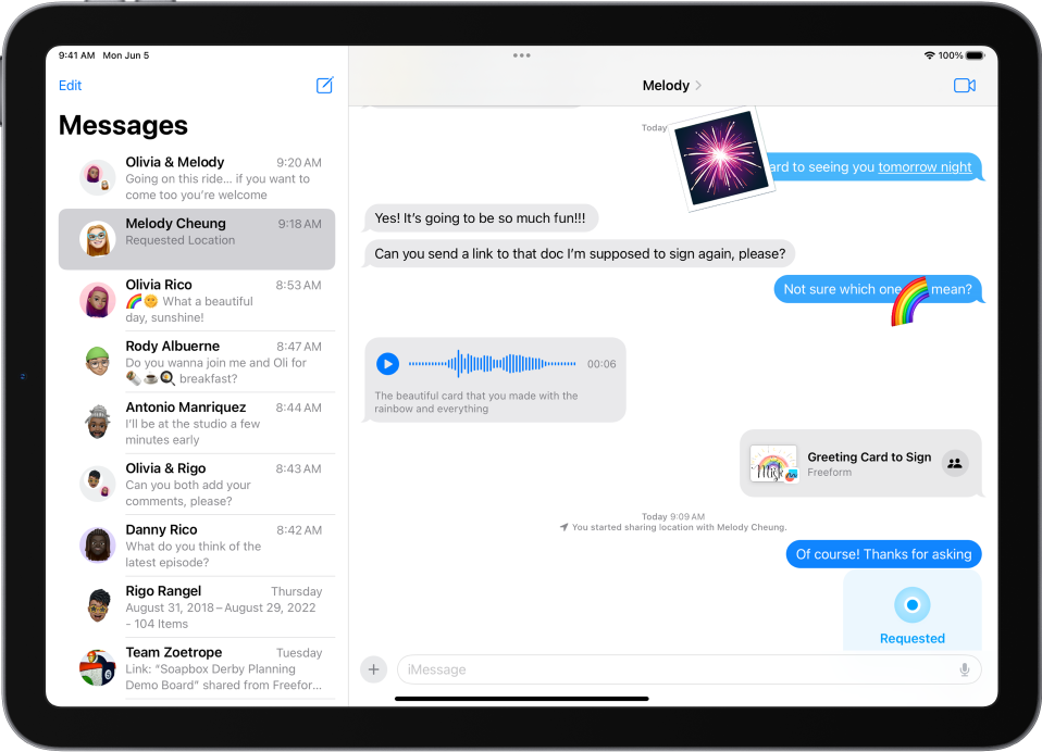 A Messages conversation showing iMessage features.