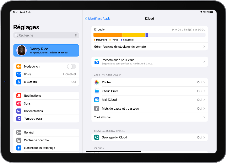 Écran des réglages iCloud montrant l’indicateur d’espace de stockage d’iCloud et une liste d’apps et de fonctionnalités pouvant être utilisées avec iCloud.