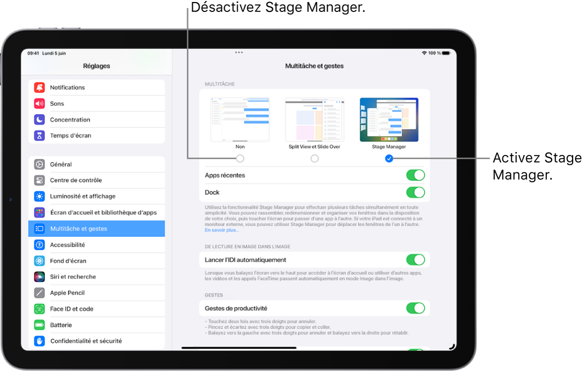 Écran d’iPad montrant les commandes permettant d’activer ou de désactiver Stage Manager, de masquer ou d’afficher la liste des apps récentes lorsque Stage Manager est activé, et de masquer ou d’afficher le Dock lorsque Stage Manager est activé.