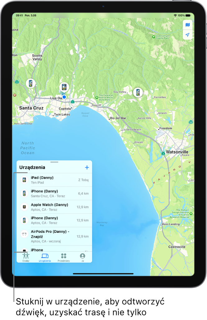 Lista Urządzenia w aplikacji Znajdź. Widoczne są urządzenia: iPad (Daniel), iPhone (Daniel), Apple Watch (Daniel) oraz AirPods Pro (Daniel). Ich położenie jest wyświetlane na mapie w pobliżu Santa Cruz.