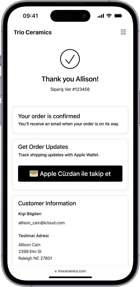 Apple Cüzdan ile takip et düğmesini gösteren sipariş onayı sayfası.