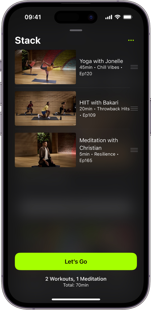 Екран, на якому показано стос із 2 тренувань і 1 медитації. Унизу екрана — кнопка «Почнімо».