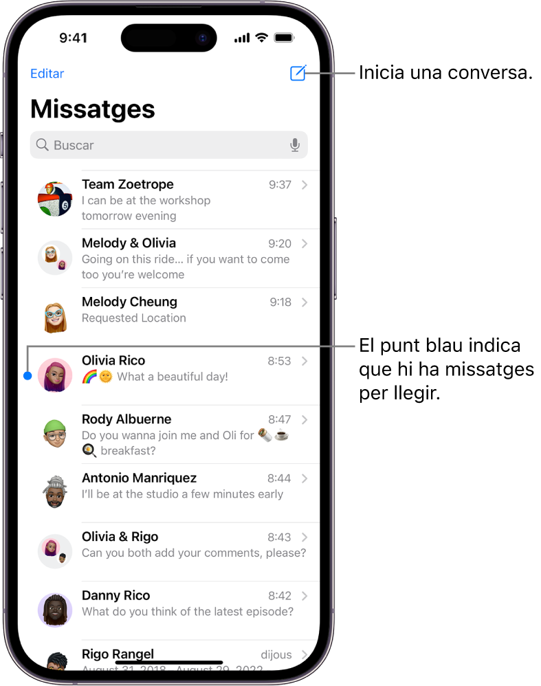 La llista de converses de Missatges amb el botó “Redactar” a la part superior dreta. Un punt blau a l’esquerra del missatge indica que no s’ha llegit.