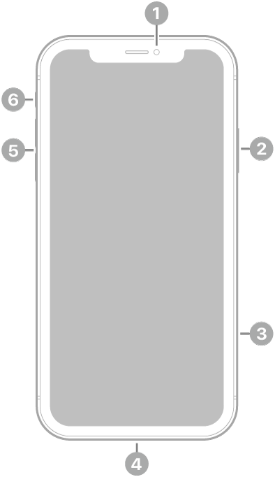 Čelní pohled na iPhone 11 Nahoře uprostřed je vidět přední fotoaparát. Na pravé straně postranní tlačítko a pod ním zásuvka pro SIM. Dole je umístěný konektor Lightning. Na levé straně se nacházejí tlačítka hlasitosti a nad nimi přepínač Zvonění/ticho.