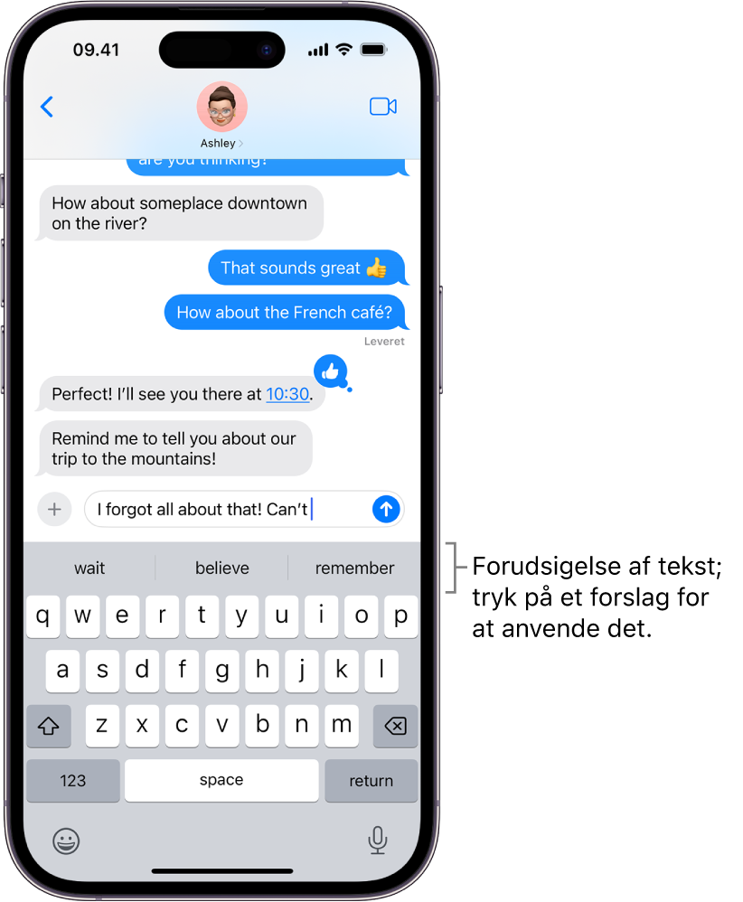 Tastaturet på skærmen er åbent i appen Beskeder. Der er skrevet tekst i tekstfeltet, og over tastaturet er der forslag til det næste ord.