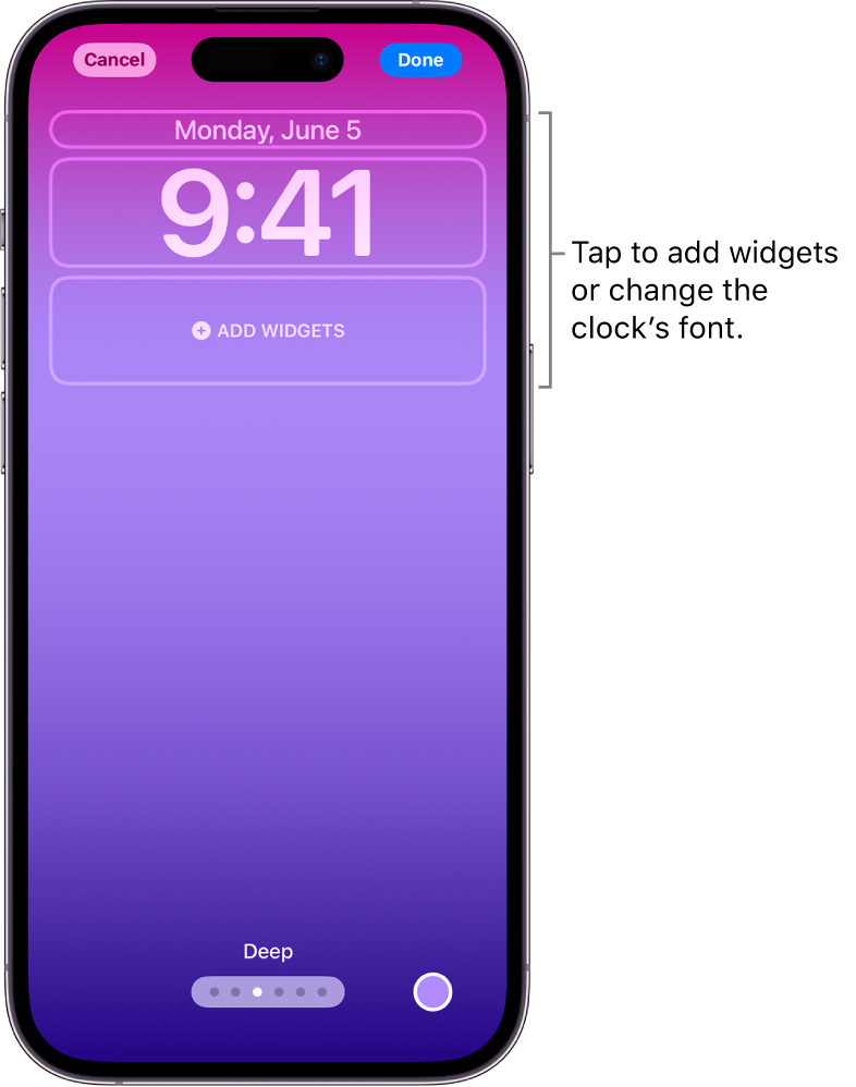 A custom Lock Screen in the process of being edited. Elements available for customization are selected—the date, the time, and a button for adding widgets.
