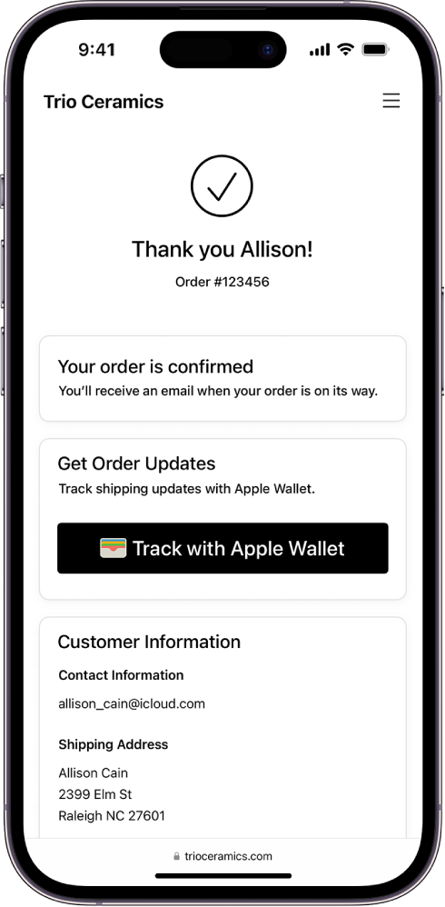 An order confirmation page showing the Track with Apple Wallet button.
