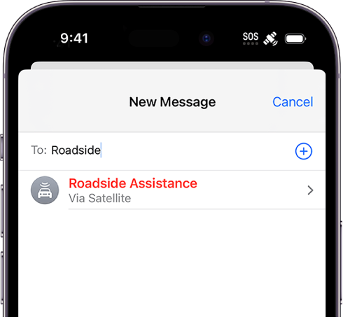 A new message addressed to “roadside.” Below it is a link for Roadside Assistance via satellite.