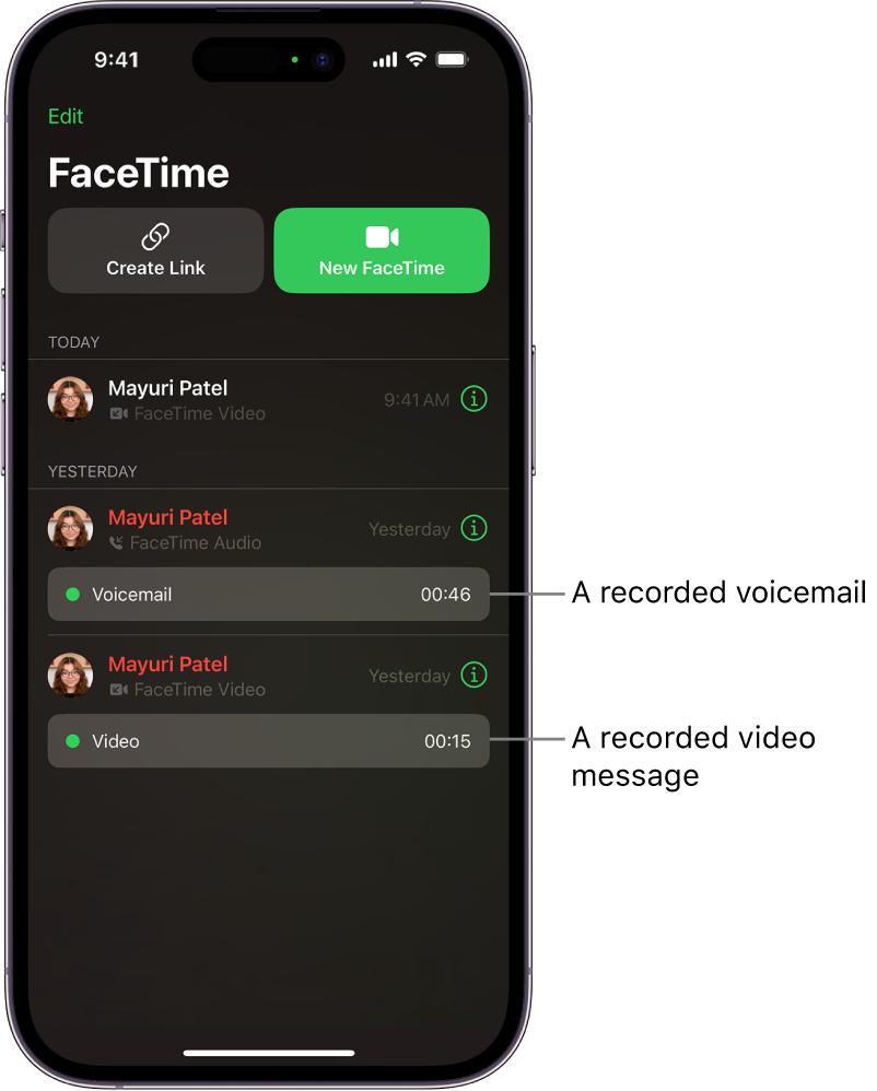 The call history, with links to a recorded video message and a voicemail.