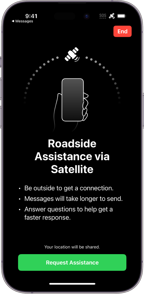 The Roadside Assistance via satellite screen. The Request Assistance button is at the bottom of the screen.