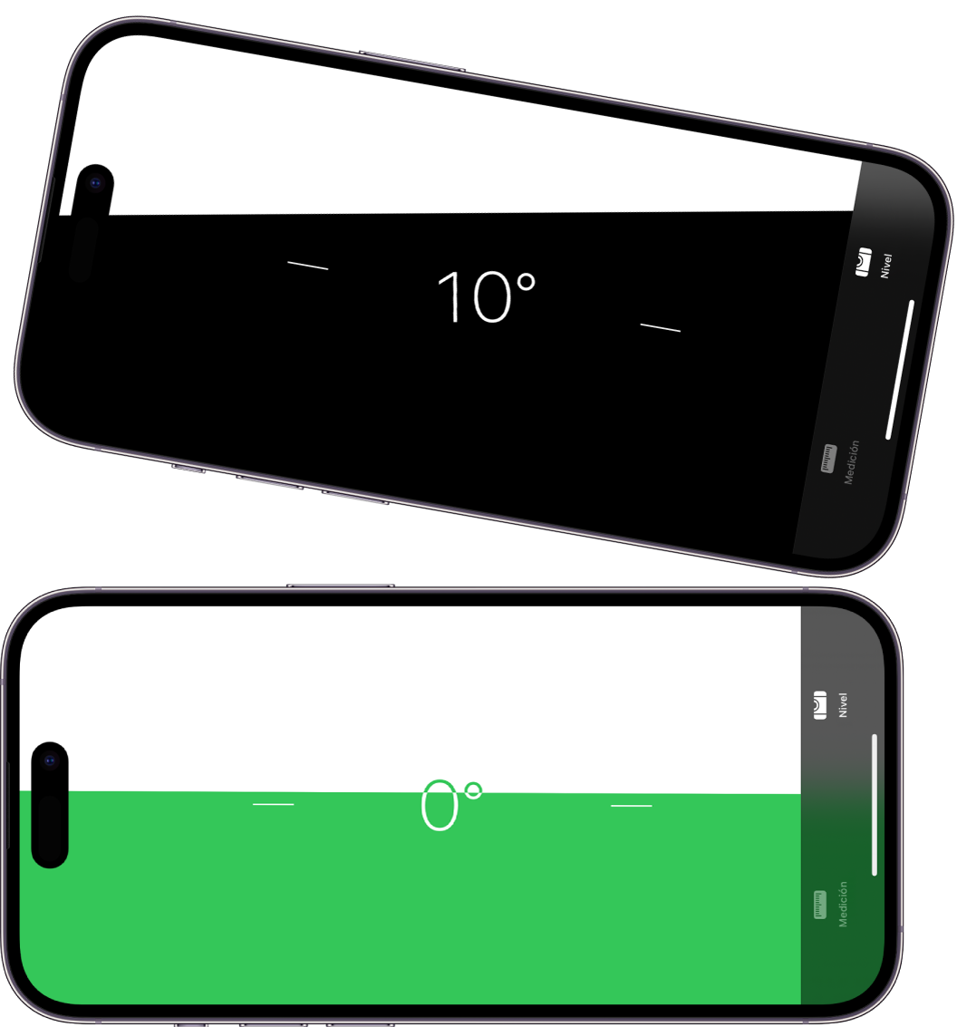 La pantalla de nivelación de la app Medición. En la parte superior, el iPhone está inclinado a un ángulo de 10 grados; en la parte inferior, el iPhone está nivelado.