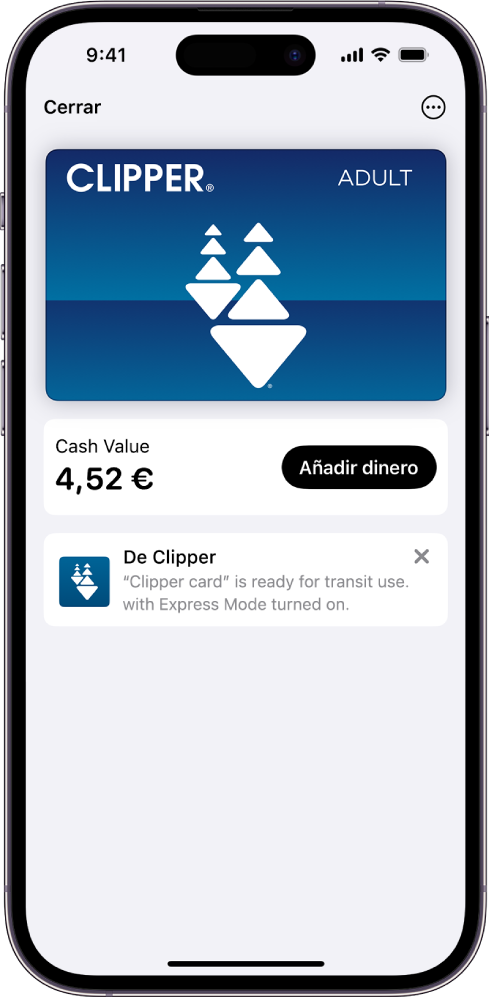 Una tarjeta de transporte en la app Cartera. El saldo se muestra debajo de la tarjeta, junto al botón “Añadir dinero”.
