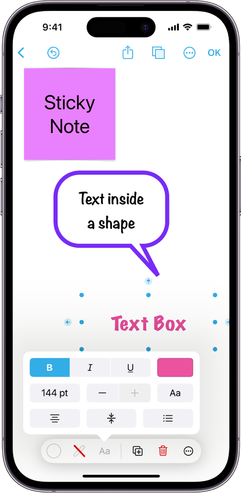 Una pizarra de Freeform muestra un cuadro de texto seleccionado y las herramientas de formato de texto debajo de él.